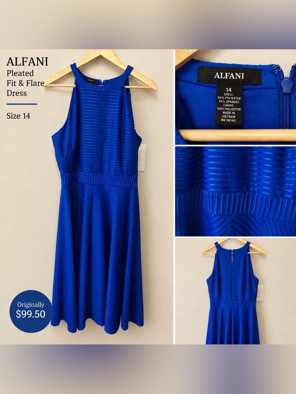 Alfani Cobalt Blue Striped Midi Fit-and-Flare Dress Size 14